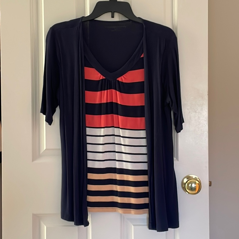 Striped shirt with connected navy cardigan